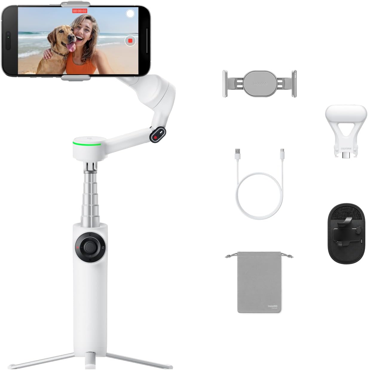 Insta360 Flow 2 Pro Vlog Bundle White - Foldable AI Phone Gimbal, Track in 200+ Apps with Apple DockKit, 360º Pan Tracking, Built-in Tripod/Selfie Stick, Remote Control, Spotlight/Backpack Mount
