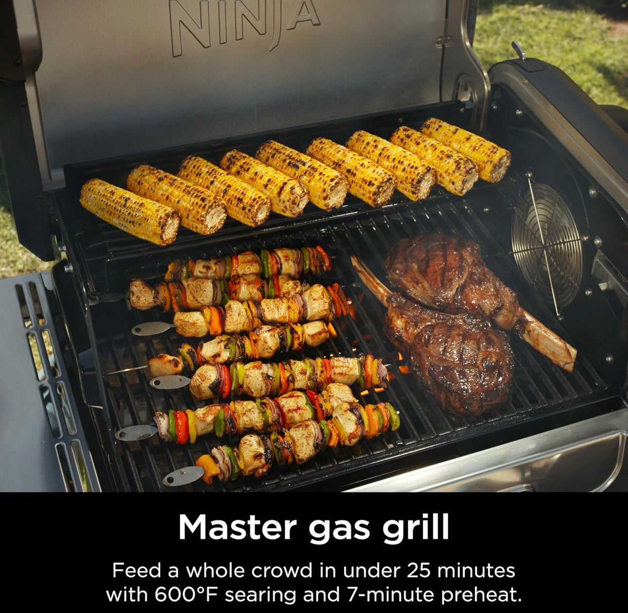 Ninja FlexFlame, Rooster en Roker, Elektriese en Propaanbraaier, Rooster, Braaier, 5-in-1 Kookstelsel, 3 Branders, Digitale Beheer, Buitekook, Bakplaat, Pizzamaker - Vlekvrye Staal (PG301)