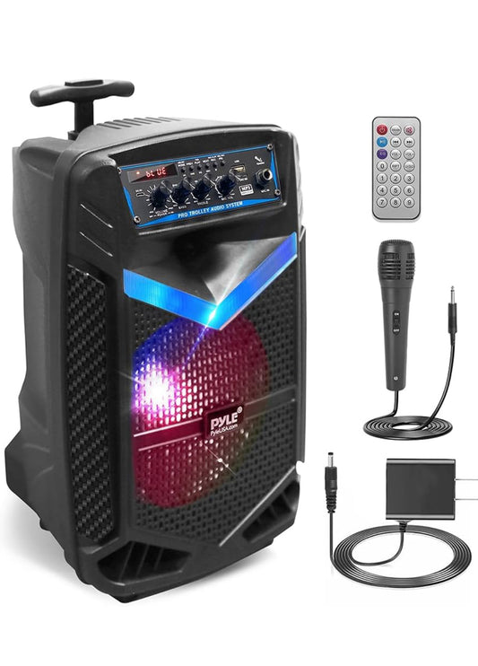 Portable Rechargeable Outdoor Bluetooth Speaker PA System 8”  400W Recording Function, Mic In, Party Lights USB/SD, Radio