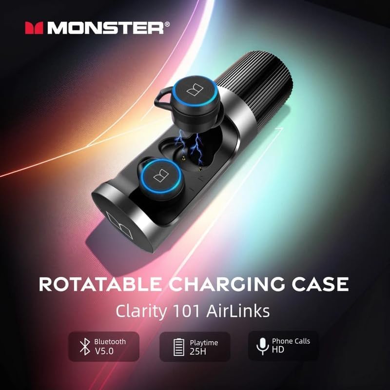 Monster Clarity 101 AirLinks Wireless Earbuds, Bluetooth 5.0 in-Ear Headphones with Charging Case, Stereo Earphones Deep Bass Sound, IPX5 Waterproof, Built-in Mic, Clear Call, Secure Fit for Sports