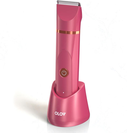 OLOV Elektriese Liggaamshaar Trimmer - Kruis Trimmer vir Mans - Bikini Trimmer Vroue - Nat/Droë Skeer Groomer, Vervangbare Keramiek Lemkoppe, USB Laai Dok, Waterdigte Higiëne Skeermes, Rooi