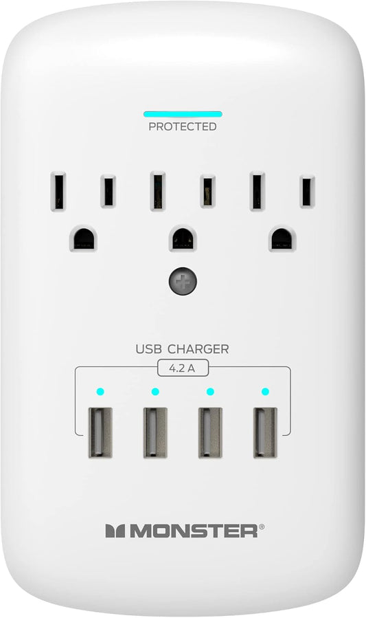 Monster Muurprop 3-Uitlaat Verlengstuk met Uitlaat Oorstroombeveiliging vir Huis, Reis, Kantoor, Huistoestelle, Rekenaars, en Slimfoontoestelle - 4 USB-poorte, 300J, en ETL Gelys