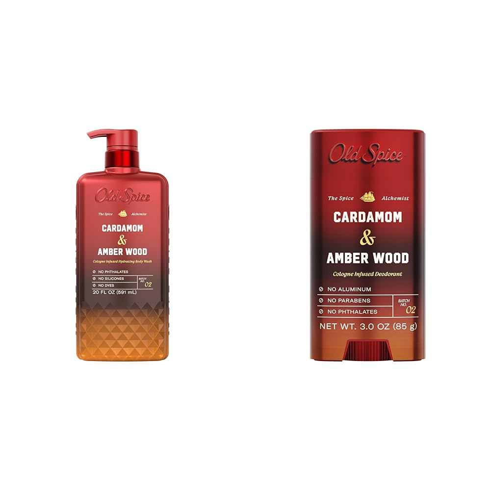 Bundle of Old Spice Body Wash Amber Wood Scent & Old Spice Aluminum Free Deodorant Cardamom + Amber Wood Scent