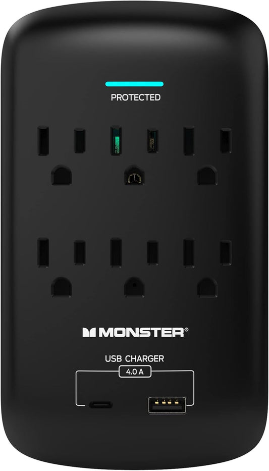 Monster Muurprop 6-Sok-verlenger met Sok-Oorstroombeveiliging vir Huis, Reis, Kantoor, Huistoestelle, Rekenaars en Slimfoon-toestelle – 2 USB-poorte, 1200J, en ETL Gelys