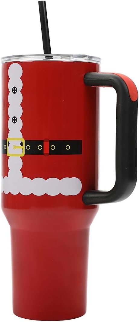Insulated Stainless Steel Tumbler w/ Reusable Straw & Leak-Proof Lid Easy Carry Handle 40oz (Santa Suit)