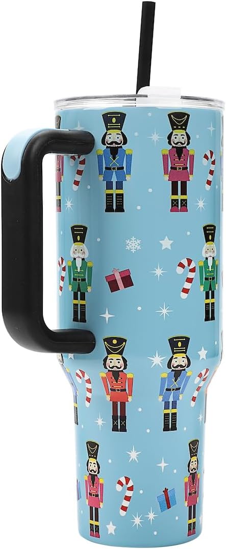 Insulated Stainless Steel Tumbler w/ Reusable Straw & Leak-Proof Lid Easy Carry Handle 40oz (Nutcrackers)