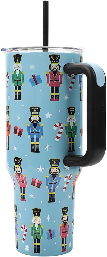 Insulated Stainless Steel Tumbler w/ Reusable Straw & Leak-Proof Lid Easy Carry Handle 40oz (Nutcrackers)