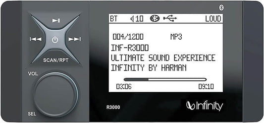 Infinity AM/FM/WB, BT5, Aux in, USB Input, 4" Monochromatic LCD, Rotary, 2 ohm Stable