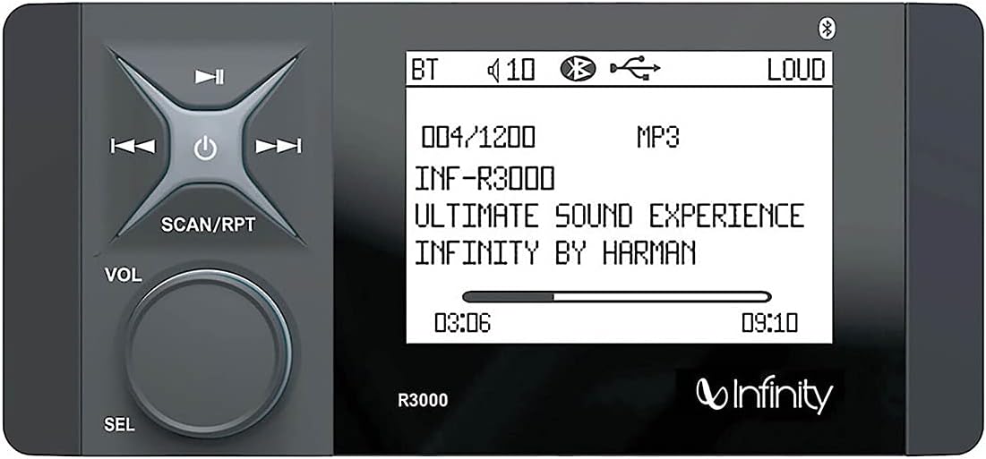 Infinity AM/FM/WB, BT5, Aux in, USB Input, 4" Monochromatic LCD, Rotary, 2 ohm Stable