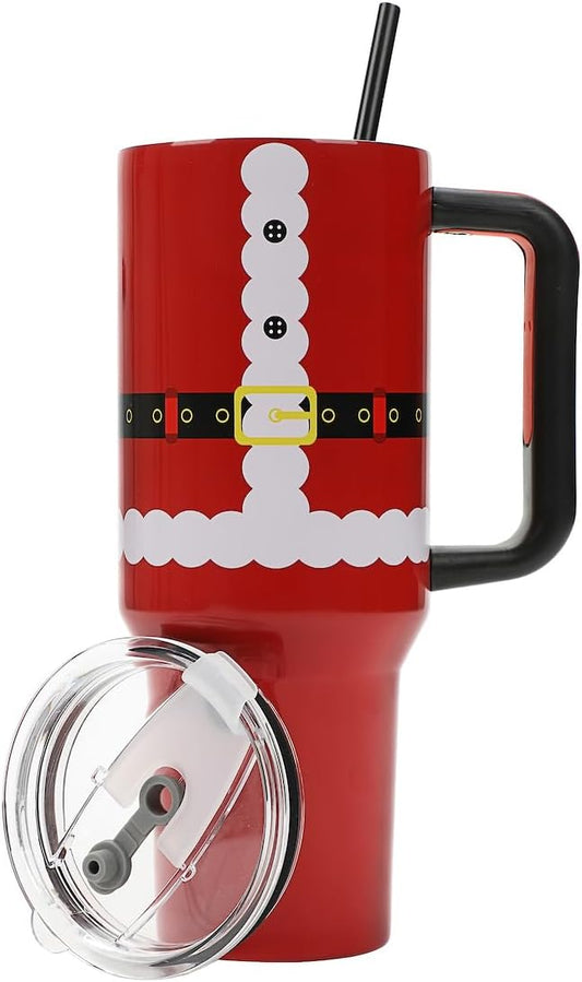 Insulated Stainless Steel Tumbler w/ Reusable Straw & Leak-Proof Lid Easy Carry Handle 40oz (Santa Suit)