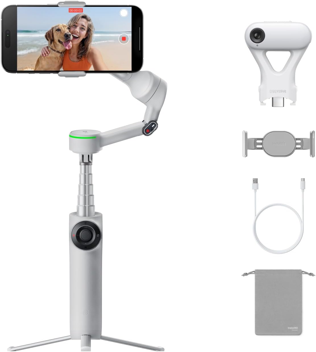 Insta360 Flow 2 Pro AI Tracker Bundle Grey - Industry-First AI Phone Gimbal with Apple DockKit, Pioneering 360º Pan Tracking, Free Tilt, Built-in Tripod/Selfie Stick, Portable Vlog/Travel Stabilizer
