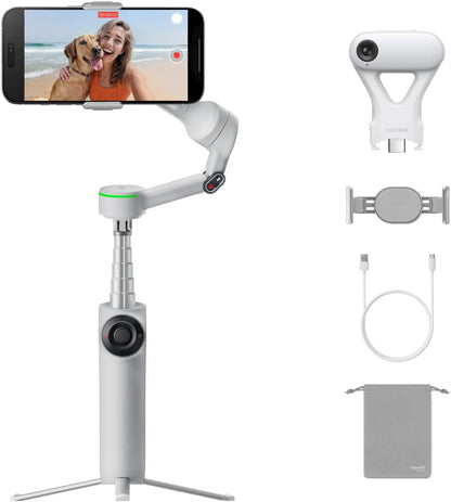Insta360 Flow 2 Pro AI Tracker Bundle Grey - Industry-First AI Phone Gimbal with Apple DockKit, Pioneering 360º Pan Tracking, Free Tilt, Built-in Tripod/Selfie Stick, Portable Vlog/Travel Stabilizer