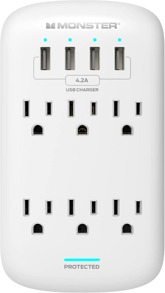 Monster Muurprop 6-Sok-verlenger met Sok-oplewingsbeskermer vir Huis, Reis, Kantoor, Huishoudelike Toestelle, Rekenaars en Slimfoontoestelle – 4 USB-poorte, 980J, en ETL Gelys