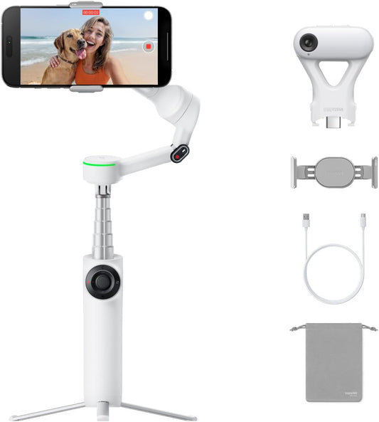 Insta360 Flow 2 Pro AI Tracker Bundle White - Industry-First AI Phone Gimbal w/ Apple DockKit, Pioneering 360º Pan Tracking, Free Tilt, Built-in Tripod/Selfie Stick, Portable Vlog/Travel Stabilizer
