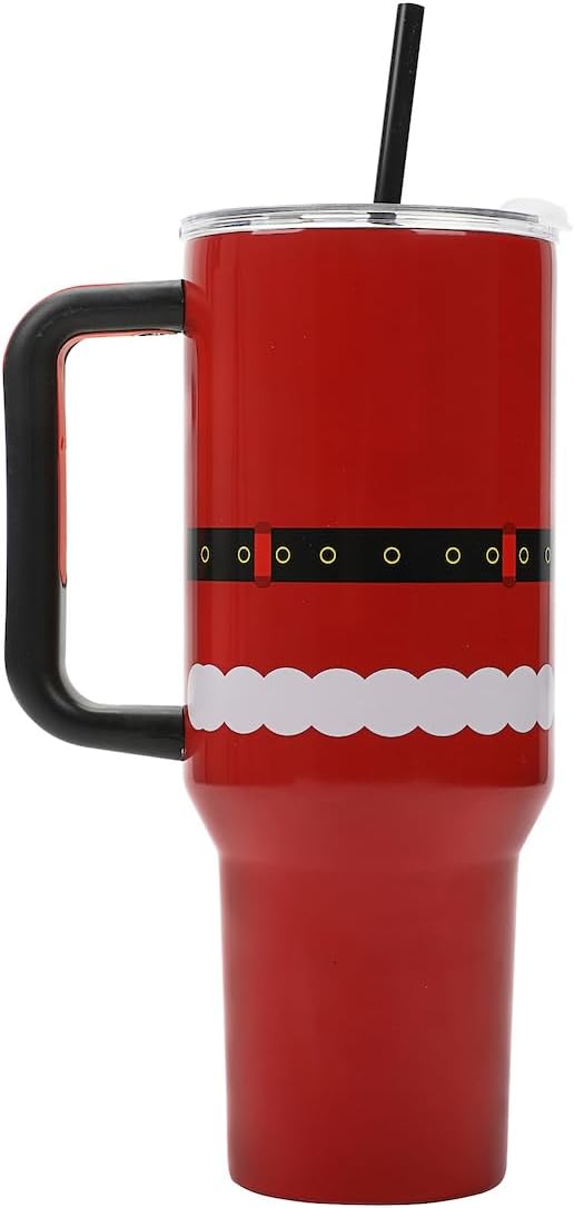 Insulated Stainless Steel Tumbler w/ Reusable Straw & Leak-Proof Lid Easy Carry Handle 40oz (Santa Suit)