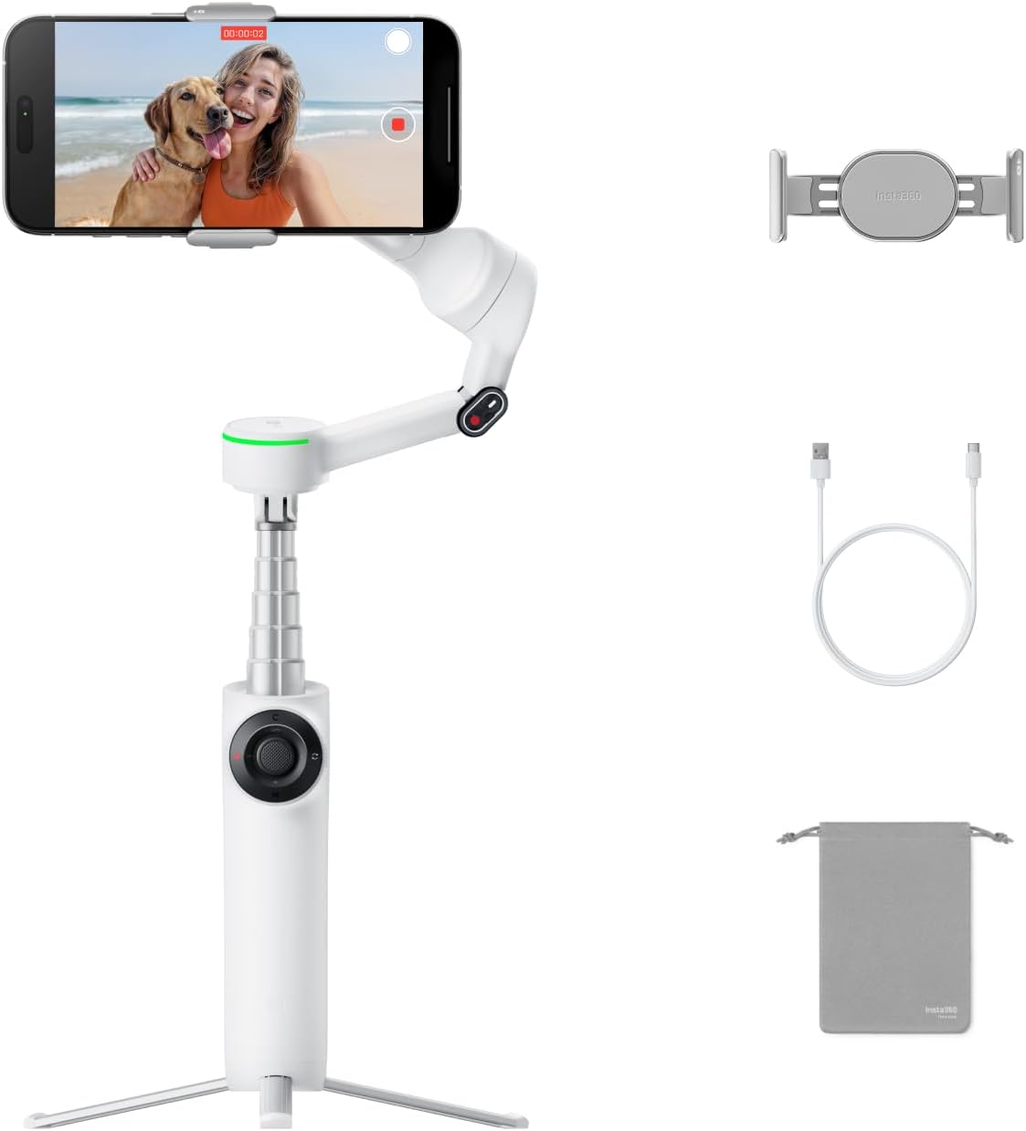 Insta360 Flow 2 Pro White - Industry-First AI Phone Gimbal with Apple DockKit, Pioneering 360º Pan Tracking, Free Tilt, Built-in Tripod/Selfie Stick, Portable Vlog/Travel Stabilizer