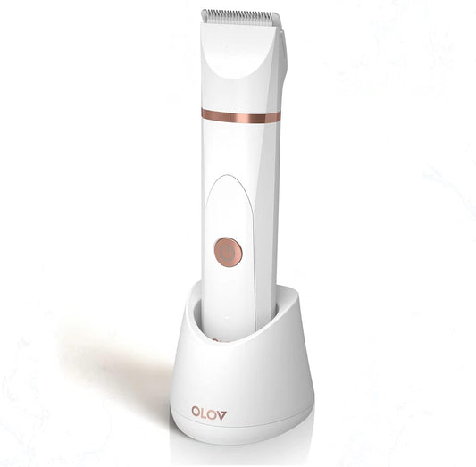 OLOV Elektriese Liggaamshaartrimmer - Kruistrimmer vir Mans - Bikini-trimmer vir Vroue - Nat/Droë Skeerapparaat, Vervangbare Keramieklemkoppe, USB-laaidok, Waterdigte Higiëniese Skeermesse, Wit