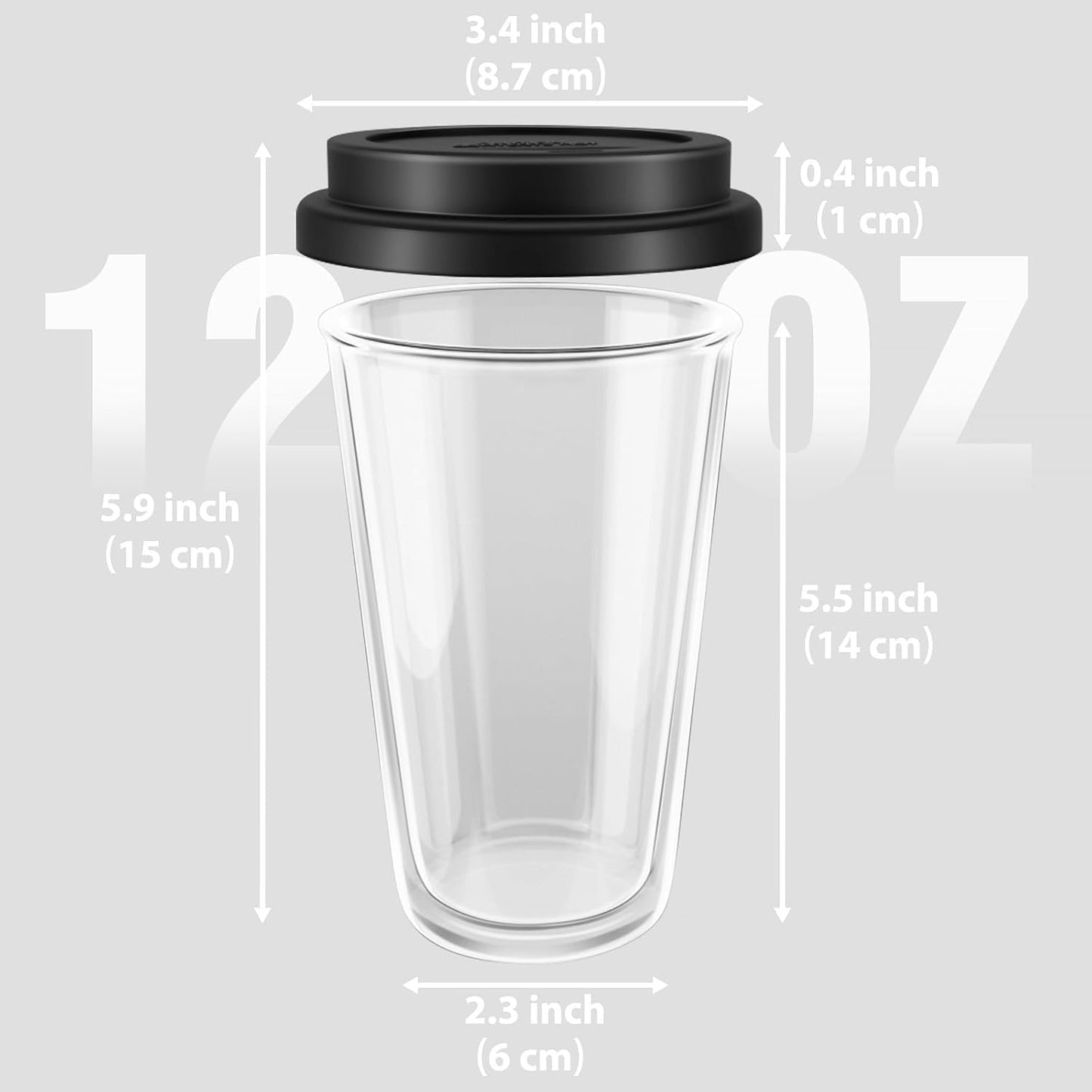 Freshmage Dubbelwand Glas Koffiebekers met Silikoon Deksele, 350 ml Geïsoleerde Drinkkoffiekoppies met Deksele, Skottelgoedwasser-veilige Herbruikbare Glas Yskoffiekoppies vir Oggendkoffie, Warm of Koue Drank