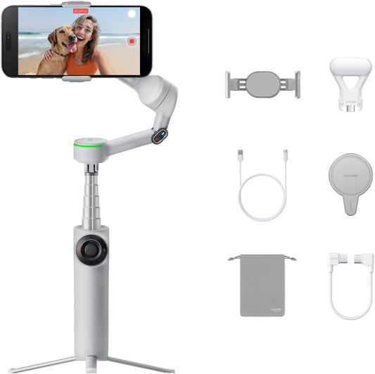 Insta360 Flow 2 Pro Creator Bundle (Grey) - Foldable AI Phone Gimbal, Apple DockKit, 360º Pan Tracking, Free Tilt Mode, Built-in Tripod/Selfie Stick, Portable Vlog/Travel Stabilizer, Spotlight, MagSafe