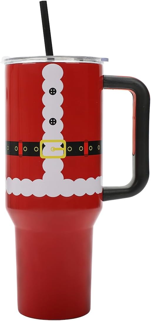 Insulated Stainless Steel Tumbler w/ Reusable Straw & Leak-Proof Lid Easy Carry Handle 40oz (Santa Suit)