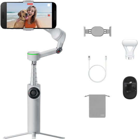 Insta360 Flow 2 Pro Vlog Bundle (Grey) - Foldable AI Phone Gimbal, Track in 200+ Apps w/ Apple DockKit, 360º Pan Tracking, Built-in Tripod/Selfie Stick, Remote Control, Spotlight/Backpack Mount