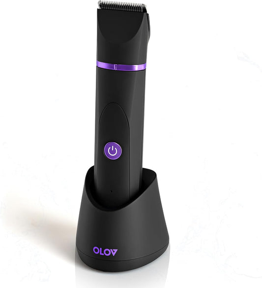 OLOV Elektriese Liggaamshaartrimmer - Kruistrimmer vir Mans - Bikini-trimmer vir Vroue - Nat/Droë Skeerapparaat, Vervangbare Keramieklemkoppe, USB-laaidok, Waterdigte Higiëniese Skeermesse, Swart Viooltjie
