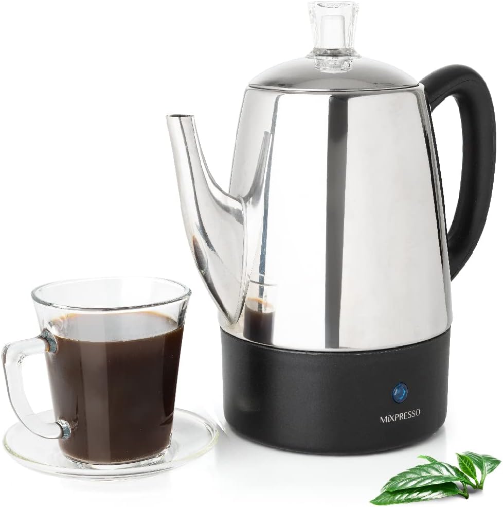 Mixpresso 10 Koppie Perkolatorkoffiepot Elektries, Vlekvrye Staal Koffieperkolator Elektries Met Warmhoufunksie, Klassieke Perkolatorpot Met Verwyderbare Mandjie Vir Huis of Kantoor