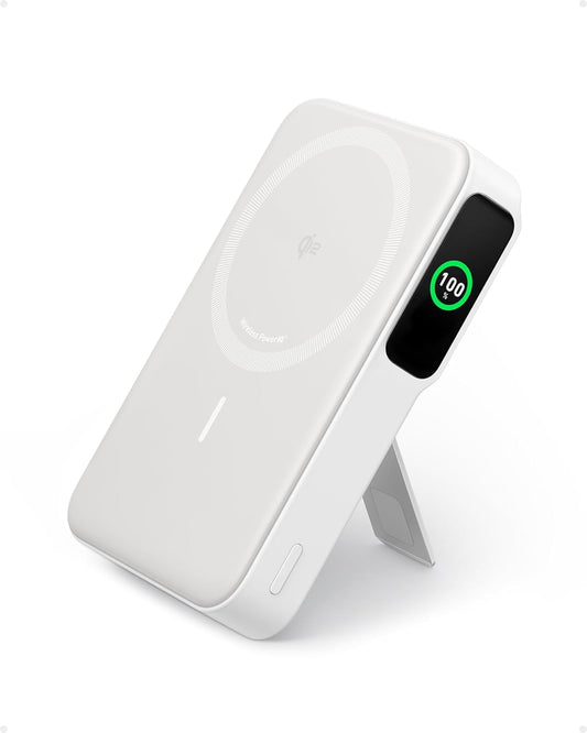 Kragbank, Qi2-gesertifiseerde 15W ultra-vinnige MagSafe-versoenbare Draagbare Laaier, 10,000mAh Battery Pak met Slim Vertoon en Opvoubare Staander - Wit