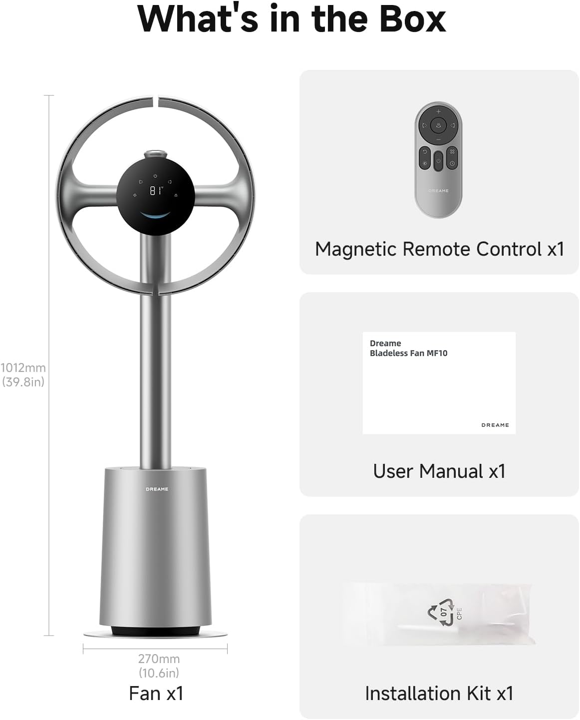 Bladeless Tower Fan MF10 for Bedroom with 270° Spatial Airflow Smart Standing Fan for Whole-Room Circulation, 59ft/s High Velocity, 10 Speeds 3 Modes, Temperature-Adaptive Airflow, Silver