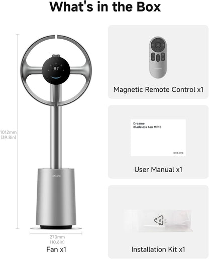 Bladeless Tower Fan MF10 for Bedroom with 270° Spatial Airflow Smart Standing Fan for Whole-Room Circulation, 59ft/s High Velocity, 10 Speeds 3 Modes, Temperature-Adaptive Airflow, Silver