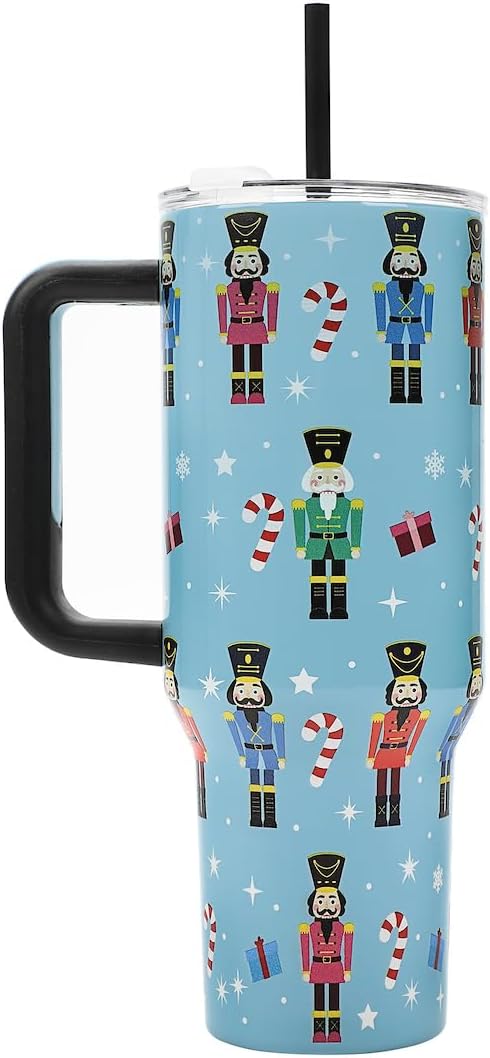Insulated Stainless Steel Tumbler w/ Reusable Straw & Leak-Proof Lid Easy Carry Handle 40oz (Nutcrackers)
