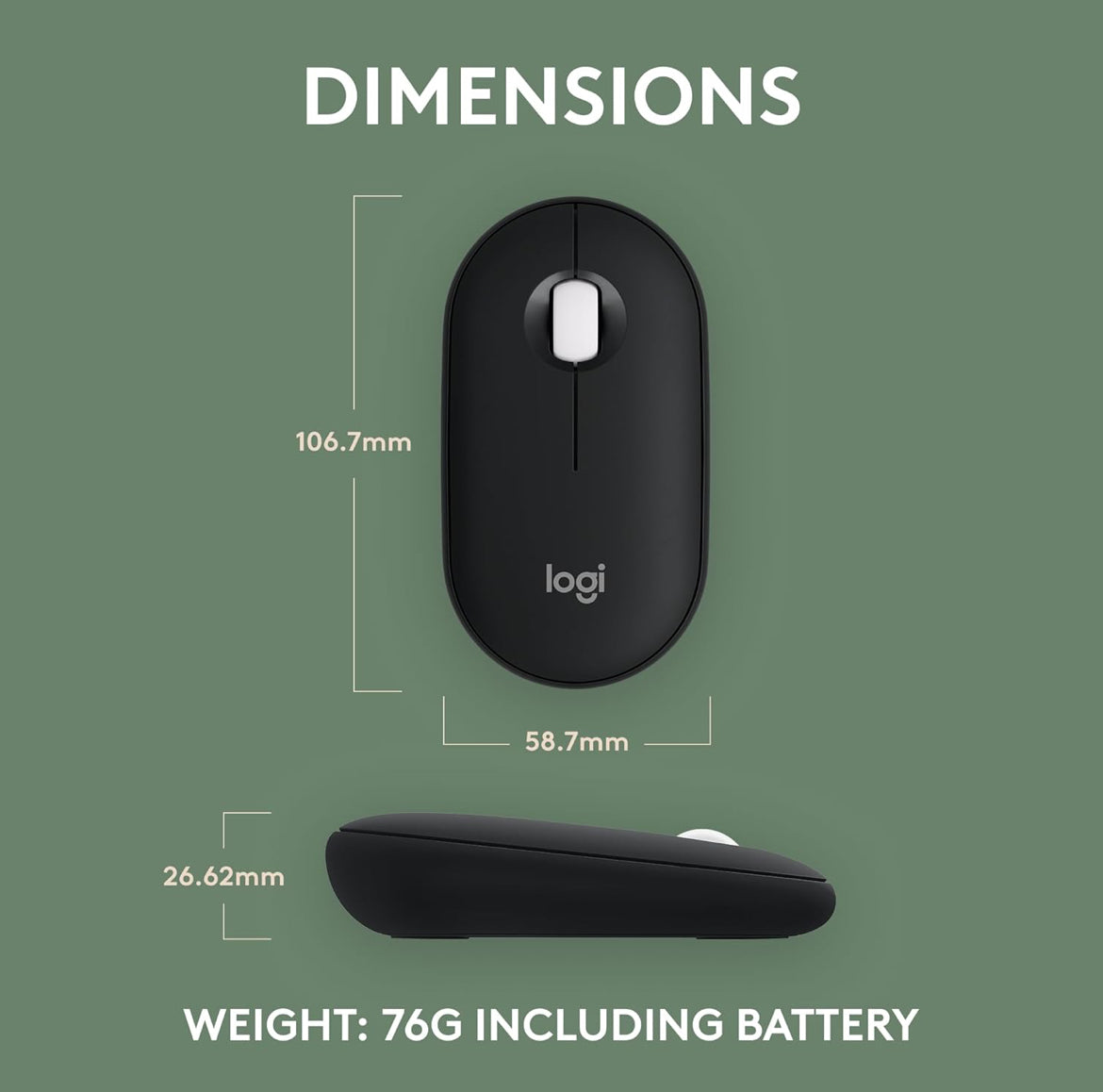 Logitech Pebble Muis 2 M350s Slank Bluetooth Draadlose Muis, Draagbaar, Liggewig, Aanpasbare Knoppie, Stil Kliek, Maklike Wisseling vir Windows, macOS, iPadOS, Android, Chrome OS - Swart