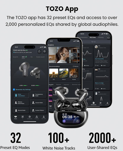 NC20 Pro Active Noise Cancelling Wireless Earbuds with Smart Touch Screen, LDAC Hi-Res Audio, Stereo Bass, 6 Mics AI Call Ear Buds, 80H Playtime, IPX8 Waterproof (Titanium Black)