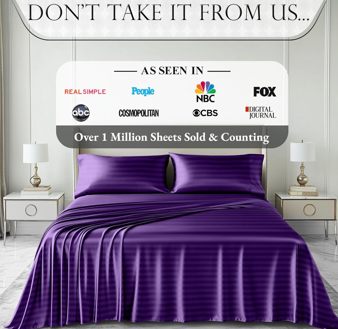 DECOLURE Satin Bed Sheets - 4 Piece Luxury Silky Queen Size Bedding Set - Softer Than Silk, Wrinkle-Free with 15” Deep Pocket Fitted Sheet, Perfect for Hair & Skin, Gifts for Women (Striped Purple)