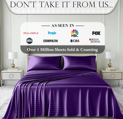 DECOLURE Satin Bed Sheets - 4 Piece Luxury Silky Queen Size Bedding Set - Softer Than Silk, Wrinkle-Free with 15” Deep Pocket Fitted Sheet, Perfect for Hair & Skin, Gifts for Women (Striped Purple)