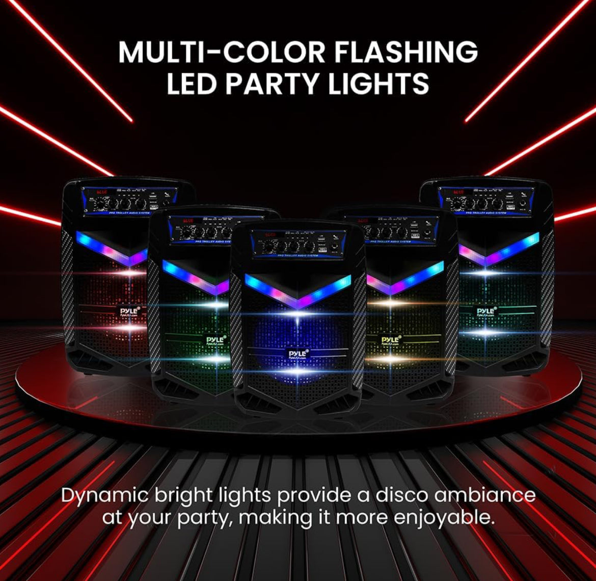 Portable Rechargeable Outdoor Bluetooth Speaker PA System 8”  400W Recording Function, Mic In, Party Lights USB/SD, Radio