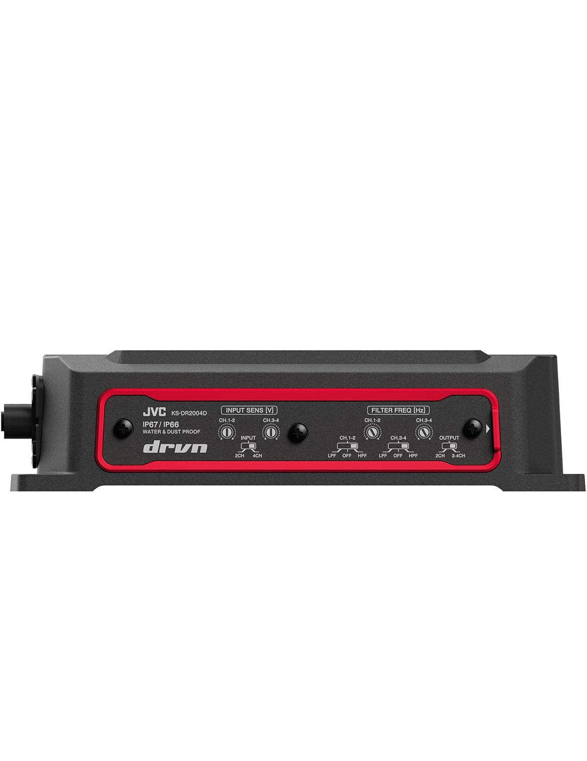 JVC KS-DR2004D 4-kanaal kompakte digitale versterker (600W) vir motors, seevaartuie, UTV & motorsportvoertuie, soliede korrosiebestande aluminiumonderstel, IPX6-, IPX7- & IP6X-gesertifiseer en vibrasiebestand