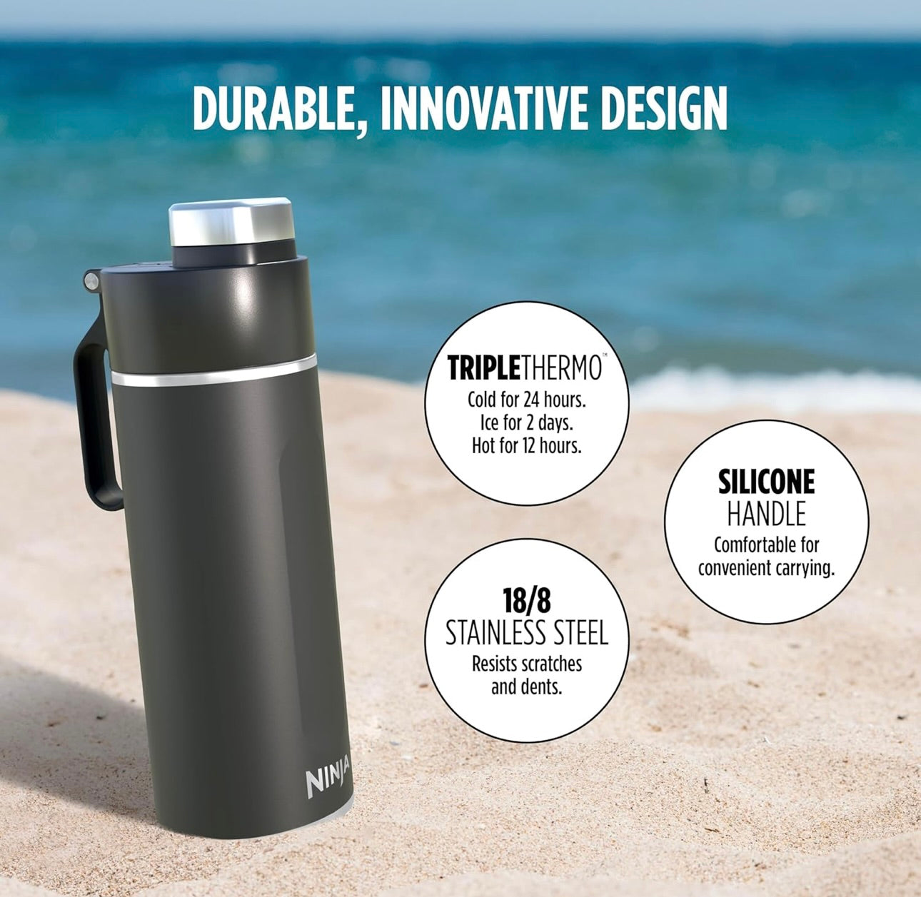 Ninja DW2401BK Thirsti 24oz Reiswaterbottel, Lekvry, 24 Uur Koud, Skottelgoedwasser Veilig, Dubbelwandige Vlekvrye Staal Geïsoleerde Tuimelaar - Oniks Swart