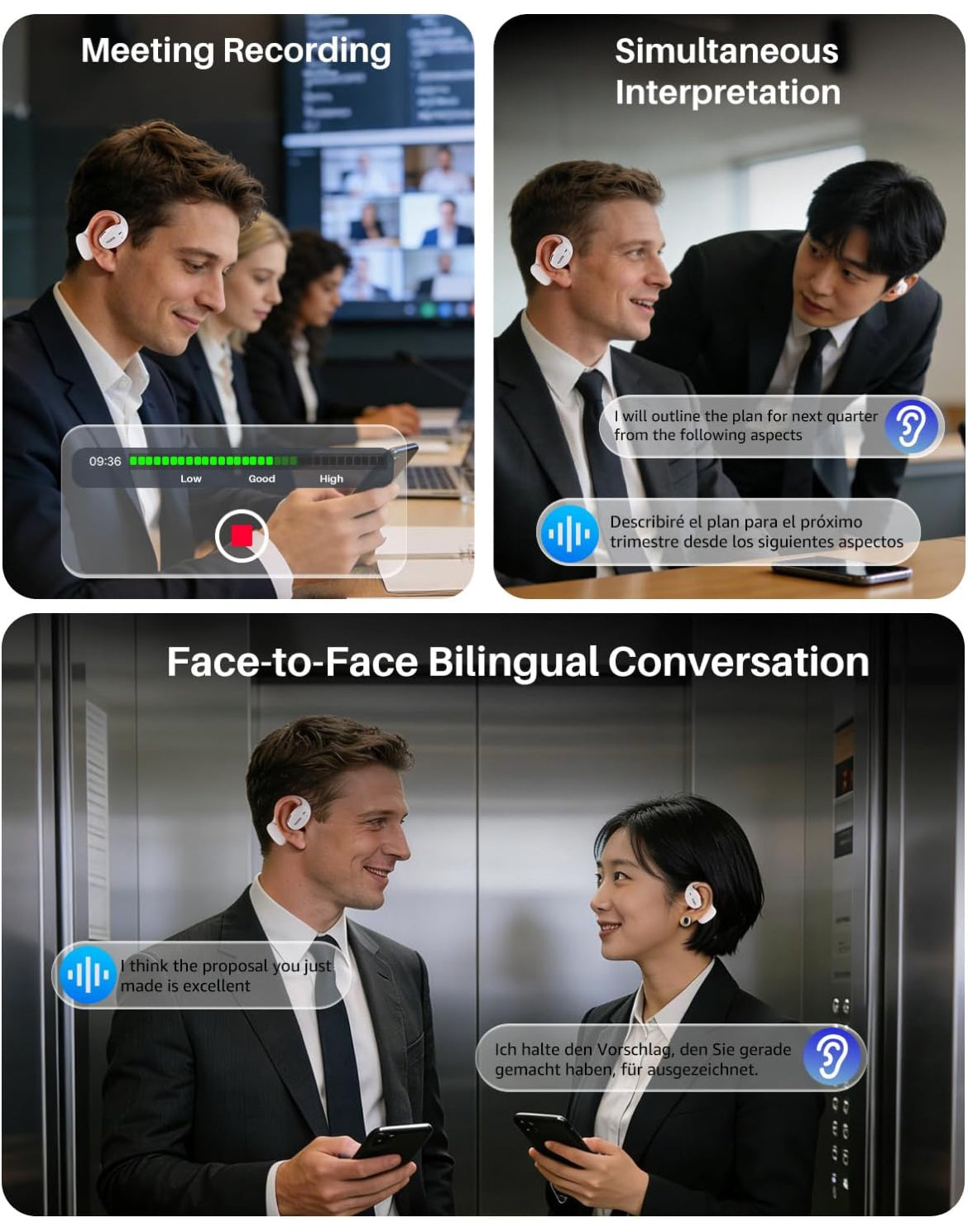Open Ear Earbuds Bluetooth, AI Translation w/ Real-Time 100+ Languages Translation - White