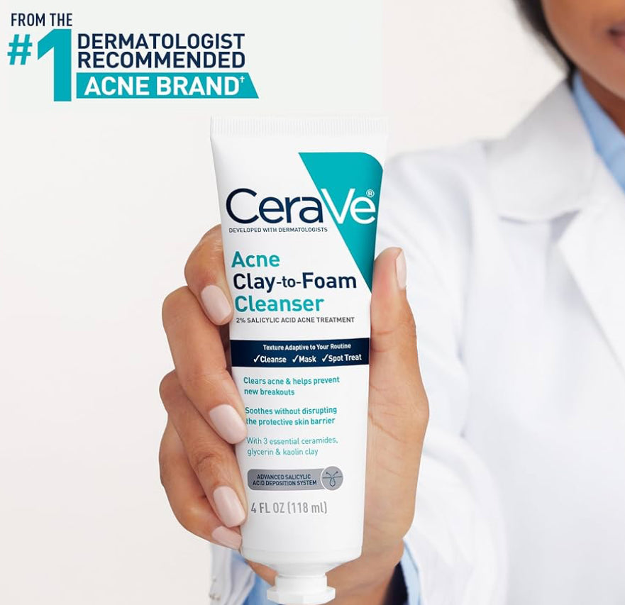 CeraVe Clay To Foam Acne Face Wash, Veelvuldige Gebruik Salisielsuur & Kaolienklei Aknee Kolbehandeling Vry Van Geurmiddels, Nie-Komedogenies (120ml)