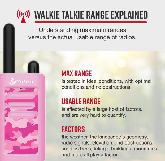 Cobra HE150 Kindervriendelike Walkie Talkies – 16 Myl Reikafstand, 2 Kanale Tweerigtingsradiostel – Pienk, (2-pak)