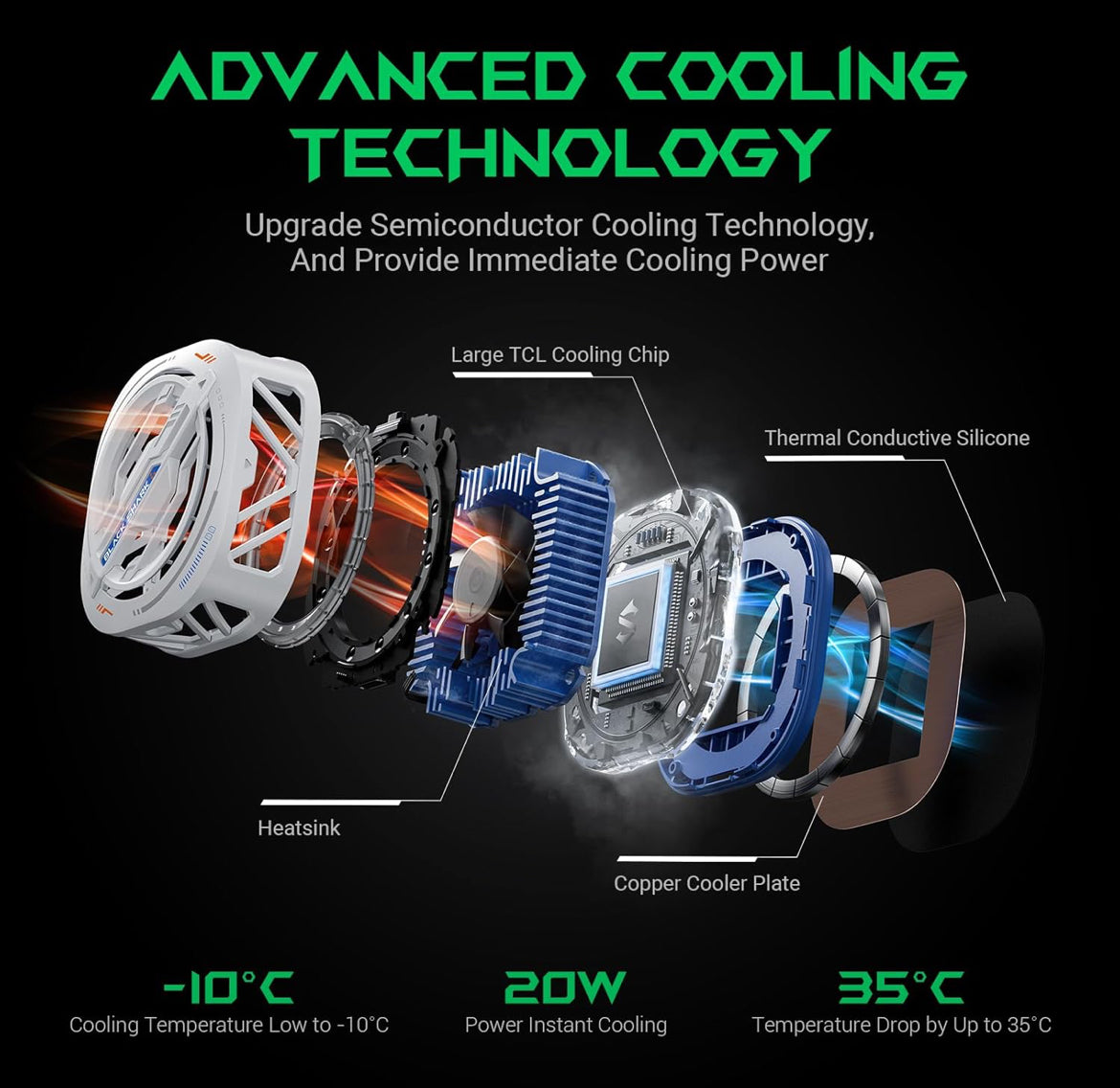 Black Shark Magnetic Cell Phone Cooler, RGB Phone Cooling Fan Portable Lightweight (White)