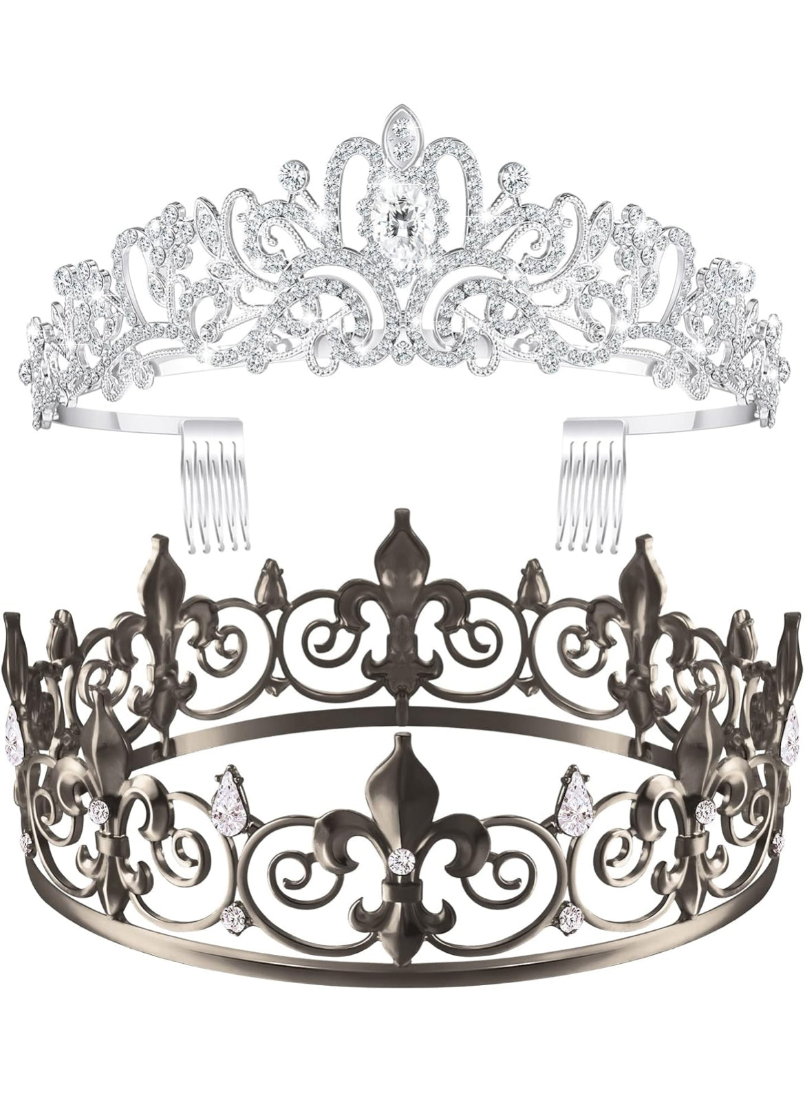2 Stuks Tuiskeer Koning Kroon Metaal Kristal Koninklike Tiara Kroon vir Mans Vroue Bruidegom Bruid Prinses Trou Halloween