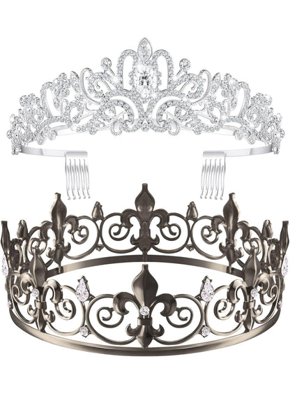 2 Stuks Tuiskeer Koning Kroon Metaal Kristal Koninklike Tiara Kroon vir Mans Vroue Bruidegom Bruid Prinses Trou Halloween