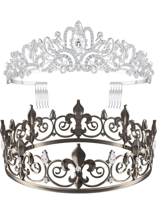 2 Stuks Tuiskeer Koning Kroon Metaal Kristal Koninklike Tiara Kroon vir Mans Vroue Bruidegom Bruid Prinses Trou Halloween