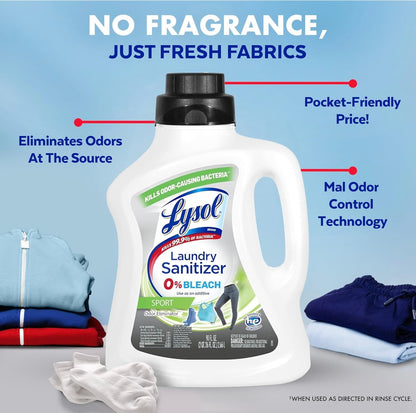Lysol Sport-wasgoedsanitasie-byvoegmiddel, Saniterende vloeistof vir gimklere en aktiewe drag, elimineer reukveroorsakende bakterieë, 90oz