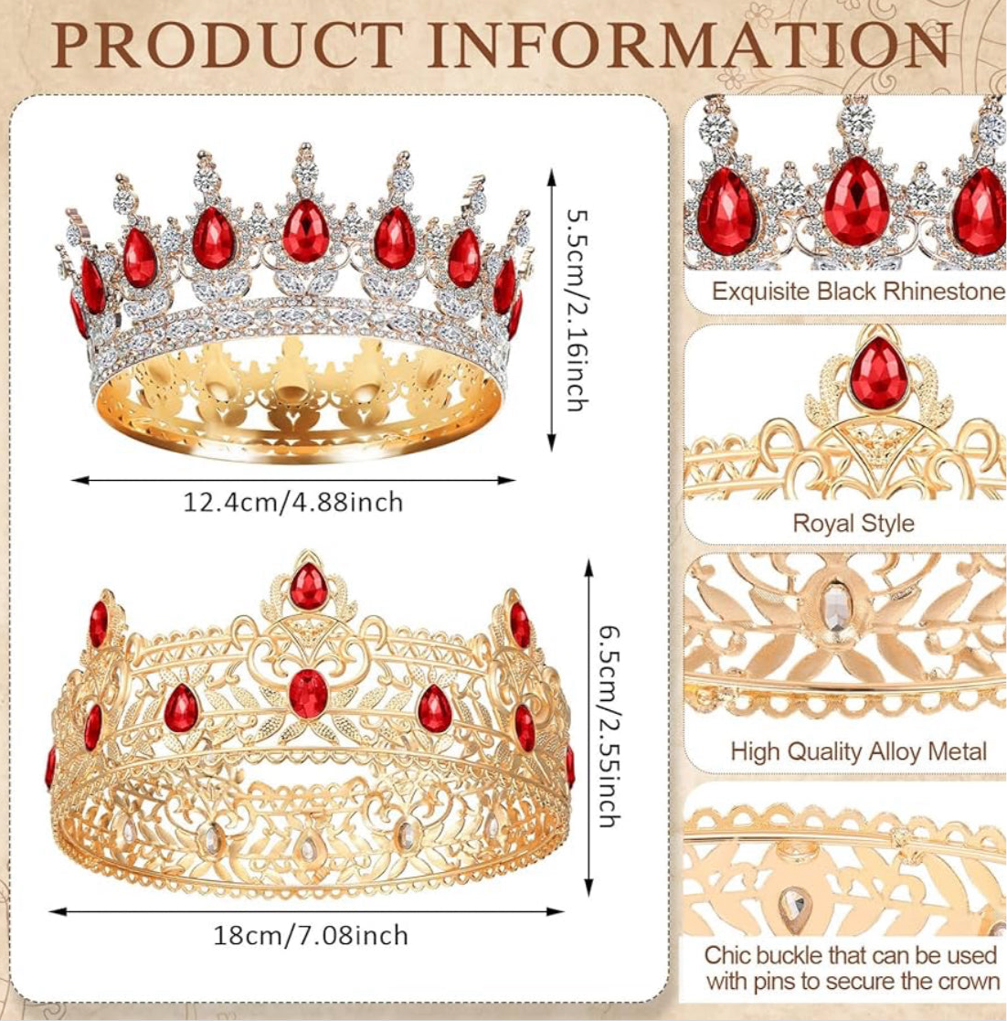 2 Stuks Prom Koning en Koningin Krone vir Mans Vroue Koning Koningin Krone Tiara met Strass vir Trou Verjaarsdag Gradeplegtigheid (Rooi Goud, Rooi Styl)