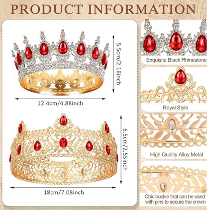 2 Stuks Prom Koning en Koningin Krone vir Mans Vroue Koning Koningin Krone Tiara met Strass vir Trou Verjaarsdag Gradeplegtigheid (Rooi Goud, Rooi Styl)
