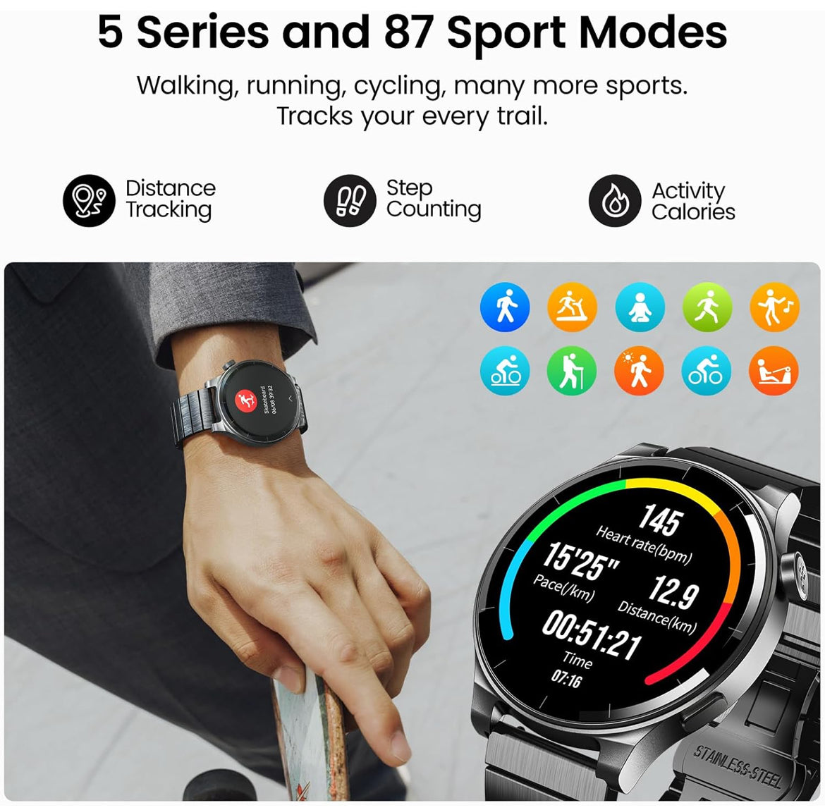 LED S5 Smart Watch 1.43" HD Sport Modes Fitness w/ Sleep Monitor, IP68 Waterproof, Stainless Steel Band