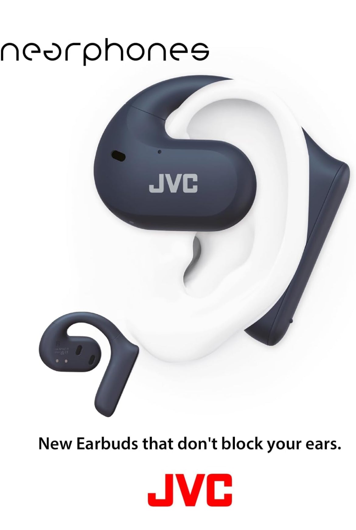 JVC Nearphones Oopoor Regte Draadlose Oorfone met 16mm Groot Drywers vir Kragtige Klank, Enkeloor-gebruik, en Lang Batterylewe (tot 17 Uur) - HANP35TW (Blou)